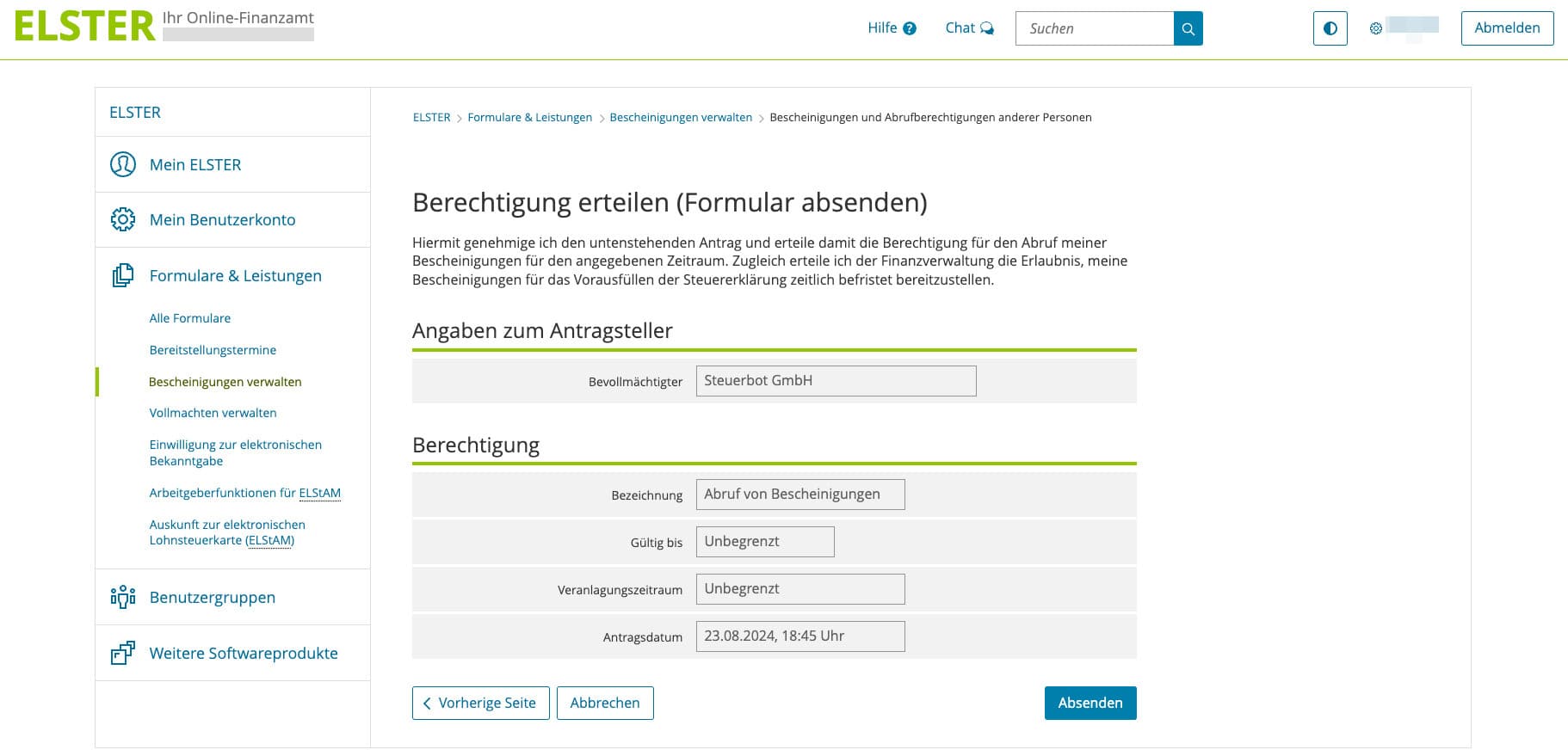 Hilfsbild vorausgefüllte Steuererklärung in Elster Beantragen Schritt 5