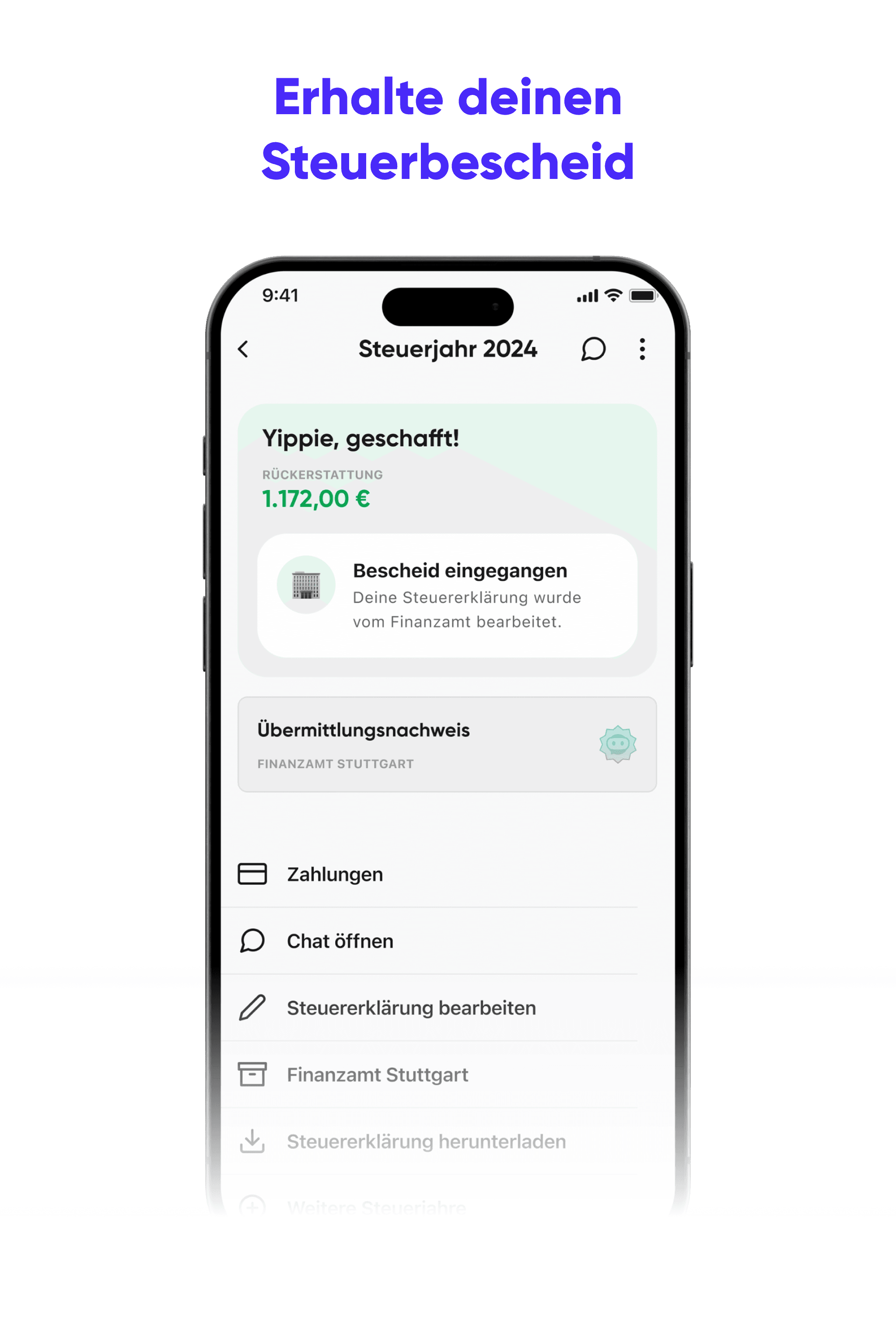Screenshot: Benachrichtigung über das Eintreffen deines Steuerbescheids